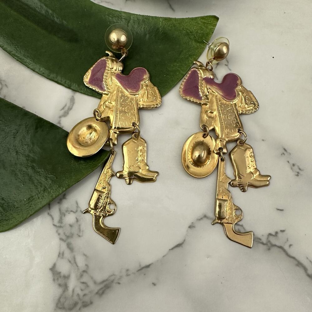 Vintage 90s Western Cowgirl Earrings Gold Tone Saddle Boots Hat Novelty Country